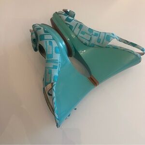 GUESS Y2K Logo Print Wedge Sandals Turquoise Slingback Heels